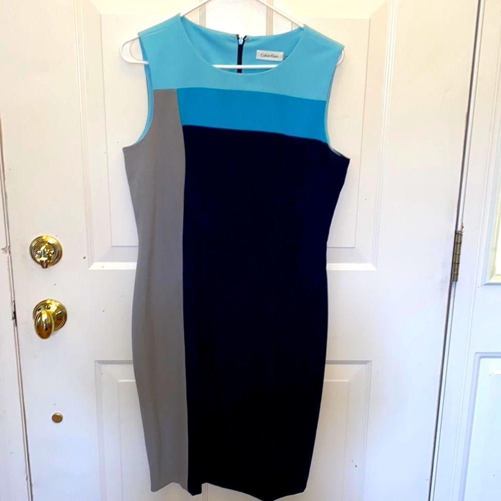 Calvin Klein Color Block Black Blue Gray Sheath Dress 10